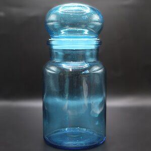 Vintage Blue Glass Apothecary Jar Belgium Bubble Lid 1970s 7" tall